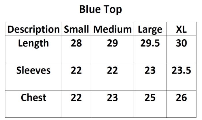 Blue Tunic Top for Women Size Chart