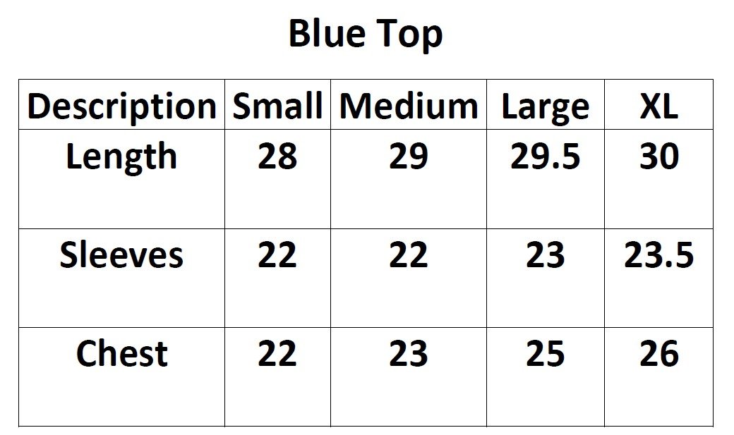 Blue Tunic Top for Women Size Chart