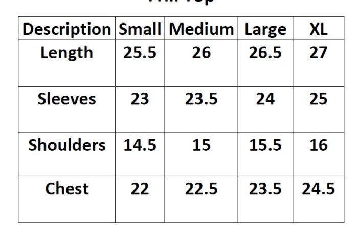 modest fashion top for women Size Chart