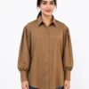 Women’s Chiffon Button Down Brown Shirt | Elegant Puff Sleeve Casual Top