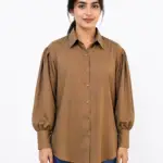Women’s Chiffon Button Down Brown Shirt | Elegant Puff Sleeve Casual Top