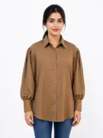 Women’s Chiffon Button Down Brown Shirt | Elegant Puff Sleeve Casual Top