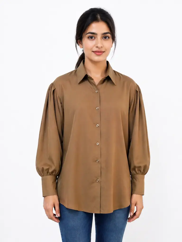 Women’s Chiffon Button Down Brown Shirt | Elegant Puff Sleeve Casual Top
