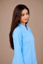 Women's sky blue cotton mandarin collar tunic shirt by Riyalux