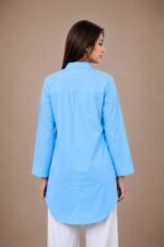 Women's sky blue cotton mandarin collar tunic shirt by Riyalux