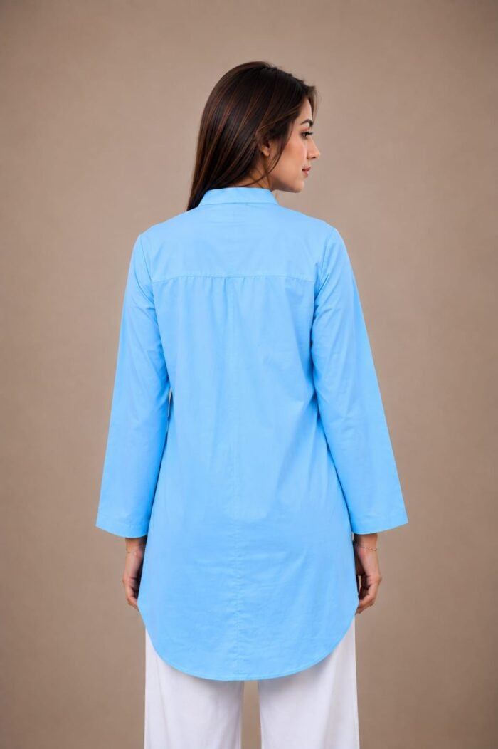 Women's sky blue cotton mandarin collar tunic shirt by Riyalux
