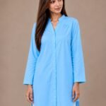 Women's sky blue cotton mandarin collar tunic shirt by Riyalux