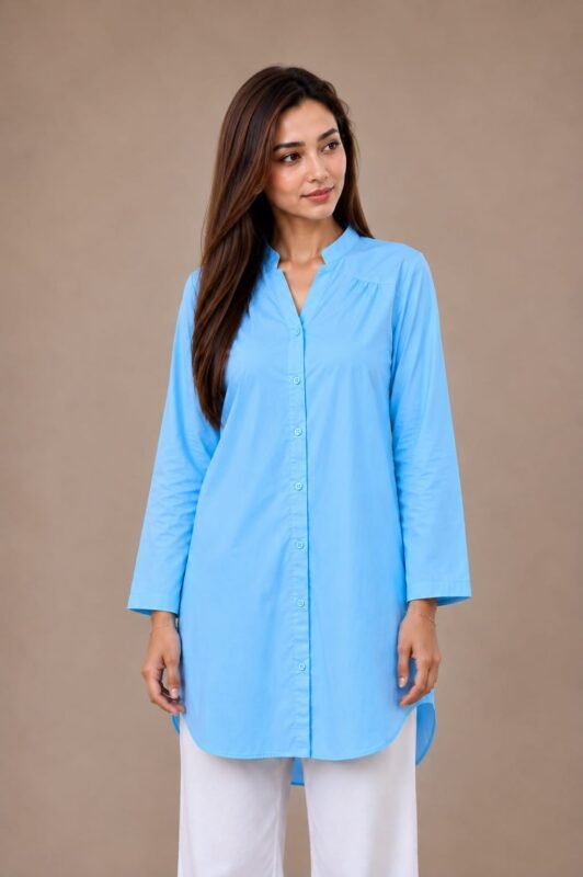 Women's sky blue cotton mandarin collar tunic shirt by Riyalux